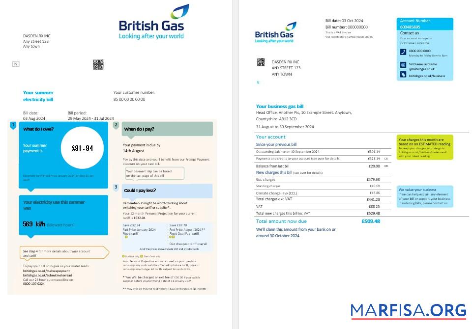 Printable United Kingdom British Gas business utility bill PSD template